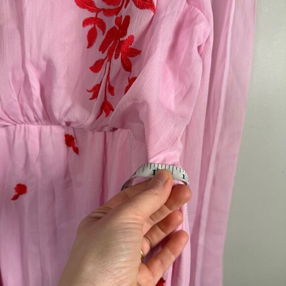 ASOS DESIGN tie back pleated sleeve midi dress in pink with red embroidery - Picture 11 of 15